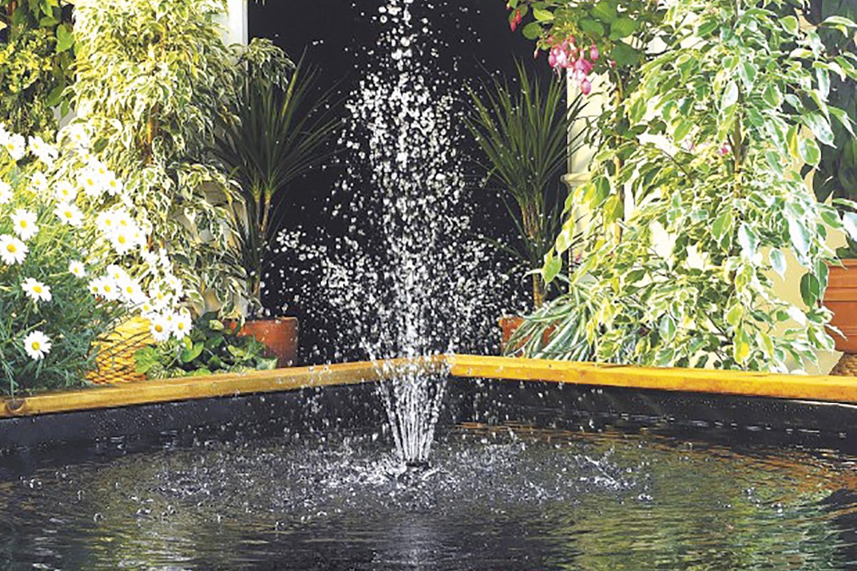 Vattenspel från fontän i trädgårdsdamm 