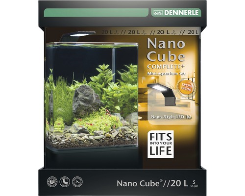 Akvarium DENNERLE Nano Cube Complete+ 20L - Style LED M med LED-belysning, bottengrund, filter, bakgrund, termometer