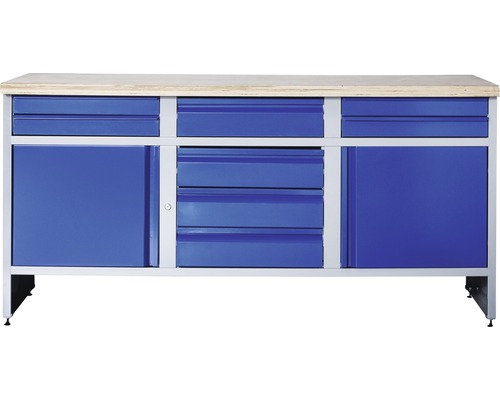 Verkstadsbänk INDUSTRIAL med 2 dörrar och 8 lådor 1770x700x880mm grå/blå