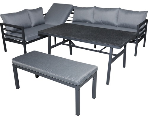 Trädgårdsmöbelset GARDEN PLACE aluminium 6-sitsig 4 delar inkl. bord 150x75x65cm med 5 mm Spray-Stone säkerhetsglas och sittdynor antracit