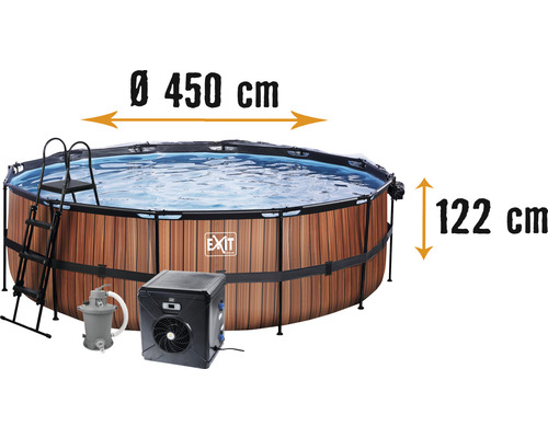Pool EXIT WoodPool Ø450x122cm inkl. sandfilterpump, överdrag, värmepump & stege träutseende-0